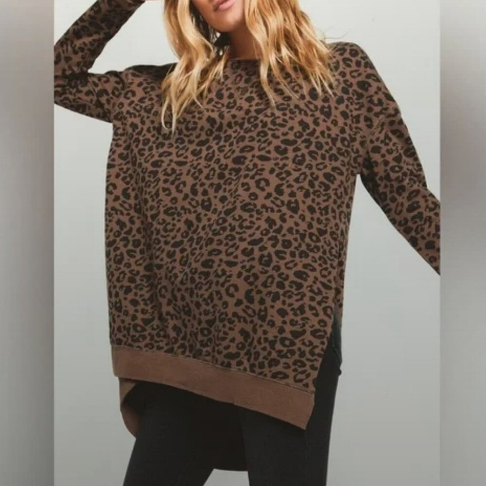Z Supply - Brown Leopard Print Side Slit High Low Sweatshirt - Size Small